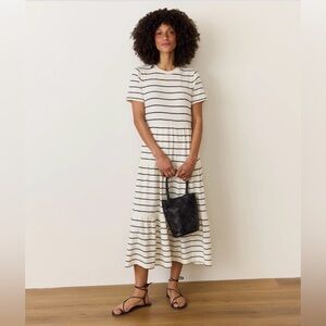 Marine Layer Cream and Navy Striped Short Sleeve Midi Dress